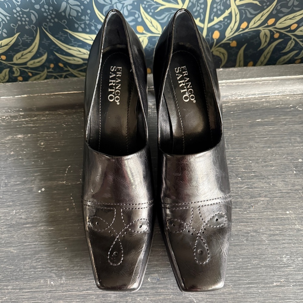 Franco Sarto Women’s Black Fine Leather Western Stitch Slip On Heel Shoes - Picture 2 of 10